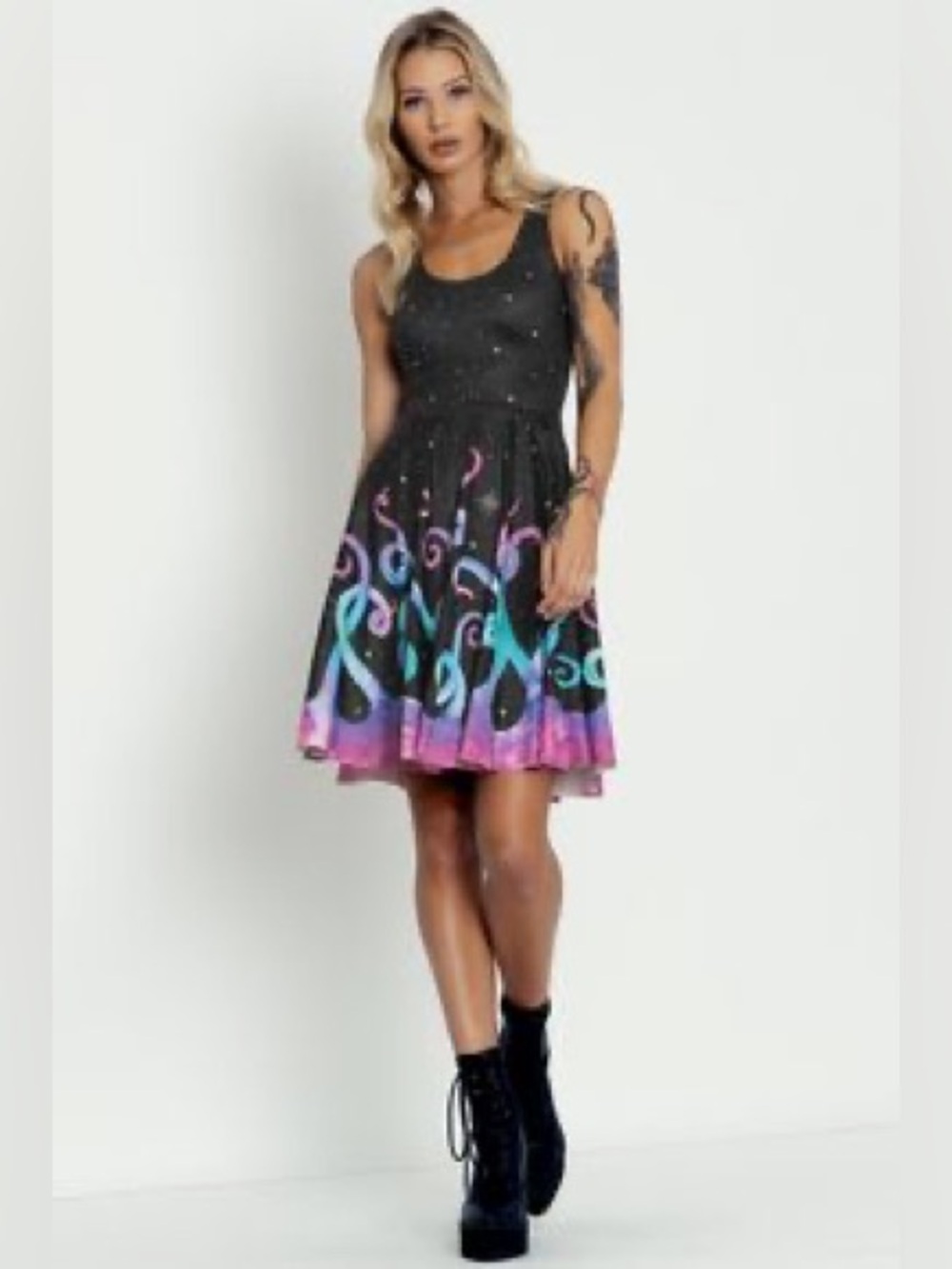 Blackmilk Space Tentacles Octopus Skater Dress Black Teal Pink